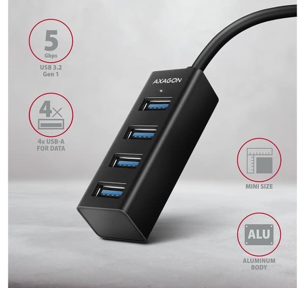 AXAGON, Miniature metal fire-ports USB 3.2 Gen 1 hub, HUE-M1AL