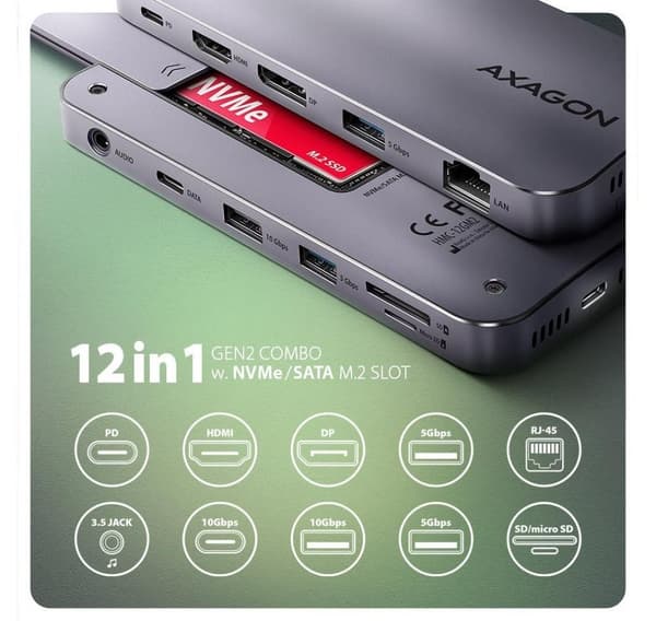 AXAGON, USB-C 10Gbps GEN2COMBO 12in1-keskitin, HMC-12GM2