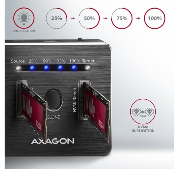 AXAGON, USB-C 3.2 Gen2 - 2x NVMe CLONE DUAL SDD dockningsstation, ADSA-M2C