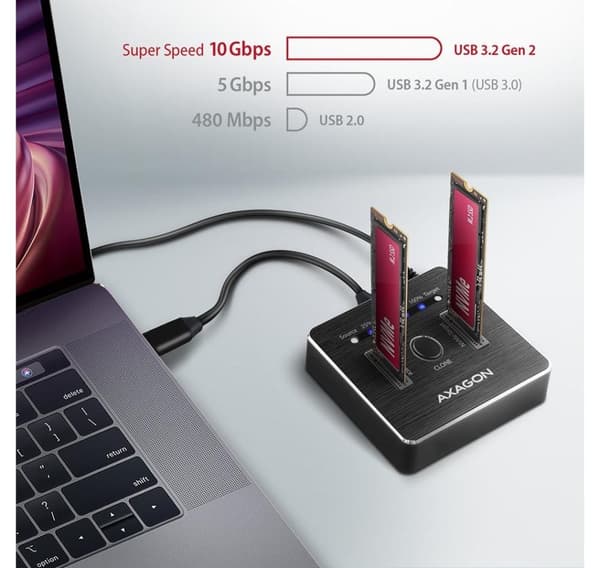 AXAGON, USB-C 3.2 Gen2 - 2x NVMe CLONE DUAL SDD dockningsstation, ADSA-M2C