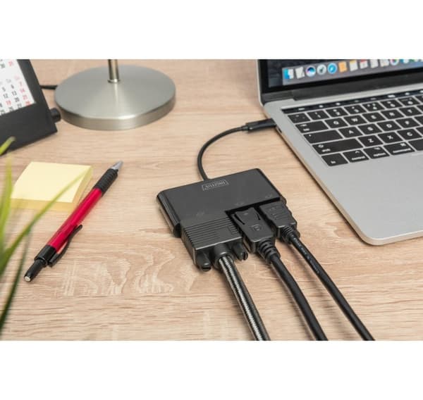 Digitus, USB-C grafikkadapter, USB-C 3-i-1 trippelskjermadapter (HDMI, DP, VGA)