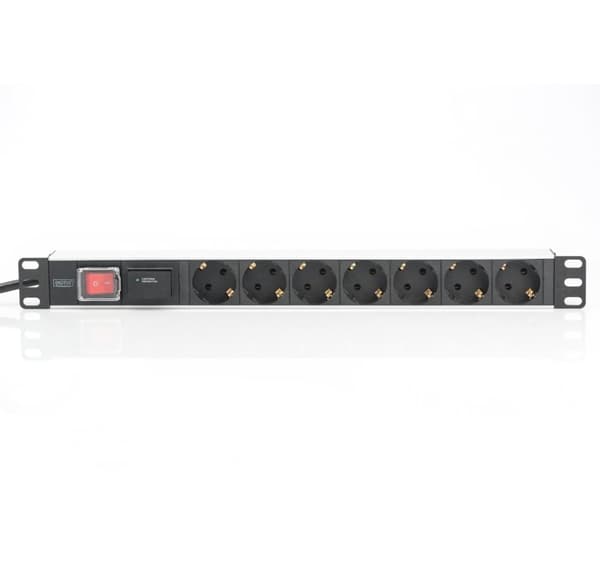 Digitus, 1U aluminium PDU, rackmonterbar, 7x sikkerhedsudtag 16A stik, 250VAC 50/60Hz, kontakt, overspændingsbeskyttelse, DN-95407