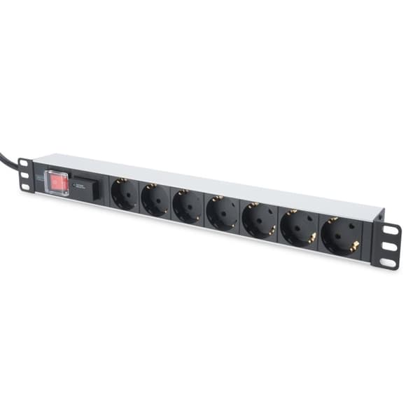 Digitus, 1U aluminium PDU, rackmonterbar, 7x sikkerhedsudtag 16A stik, 250VAC 50/60Hz, kontakt, overspændingsbeskyttelse, DN-95407