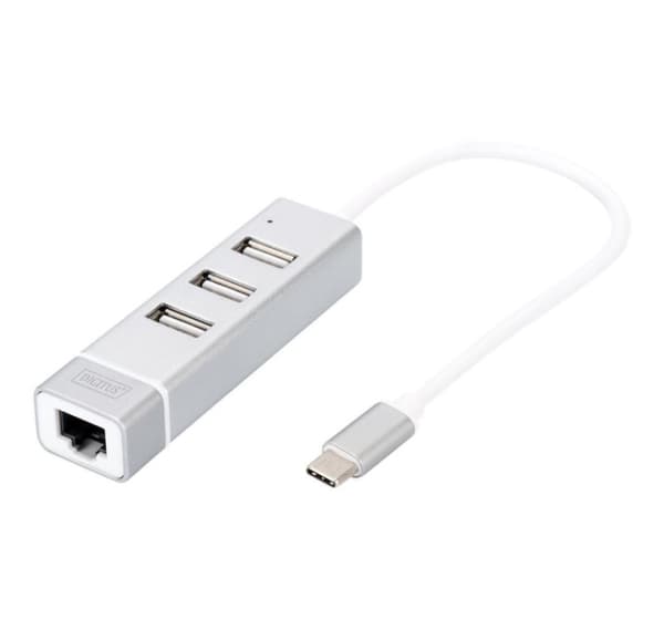 Digitus, USB Type-C 3-portshubb + Fast Ethernet LAN-adapter, DA-70253 Gjuten aluminium