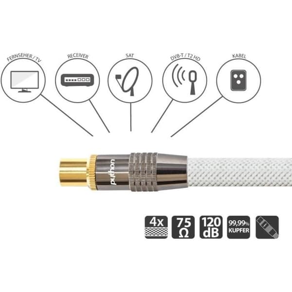 TV-antennkabel - PYTHON - Premium-serie - 1,5 m - Guldpläterad - Skärmad 120 dB