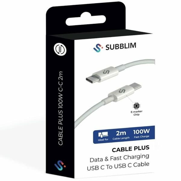 USB-C till USB-C Kabel Subblim SUBCAB-C10011 2 m Vit