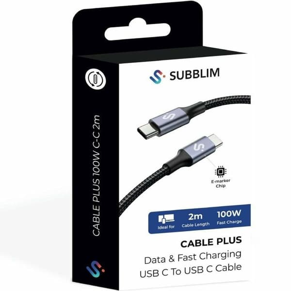 USB-C till USB-C Kabel Subblim SUBCAB-C10002 2 m Svart