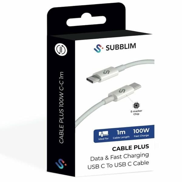 USB-C till USB-C Kabel Subblim SUBCAB-C10010 1 m Vit Svart
