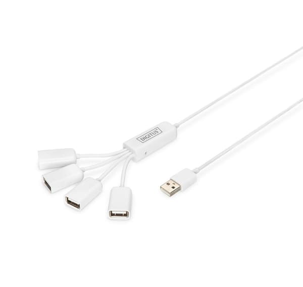 Digitus, USB 2.0-kabelnav, 4-portars 4x USB A/F, 1x USB A-hane, DC2,5 mm (PSU ej inkl.), DA-70216