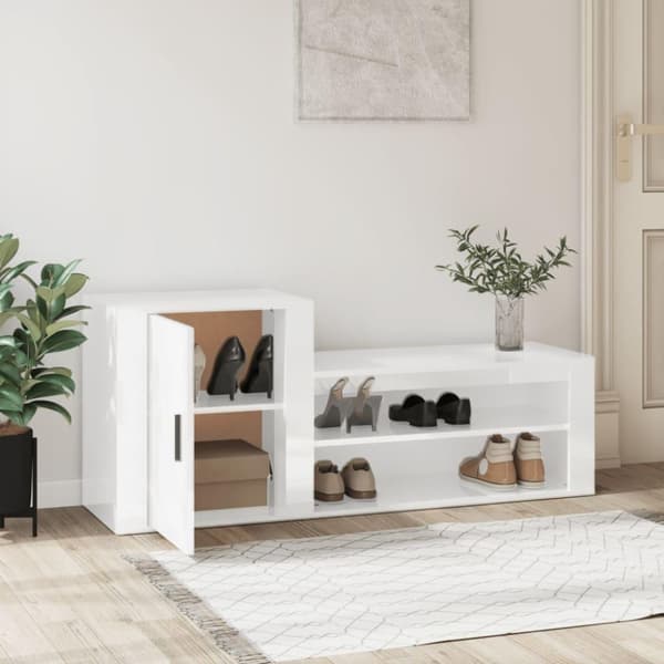 vidaXL Skoskap høyglans hvit 130x35x54 cm konstruert tre