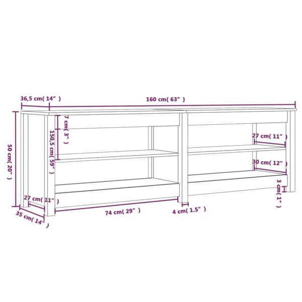 vidaXL Skobenk 160x36,5x50 cm heltre furu