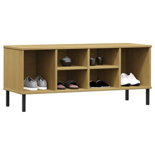 vidaXL Kenkäteline metallijaloilla ruskea 106x35x45 cm täyspuu OSLO