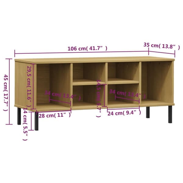 vidaXL Kenkäteline metallijaloilla ruskea 106x35x45 cm täyspuu OSLO