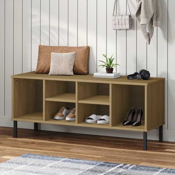 vidaXL Kenkäteline metallijaloilla ruskea 106x35x45 cm täyspuu OSLO