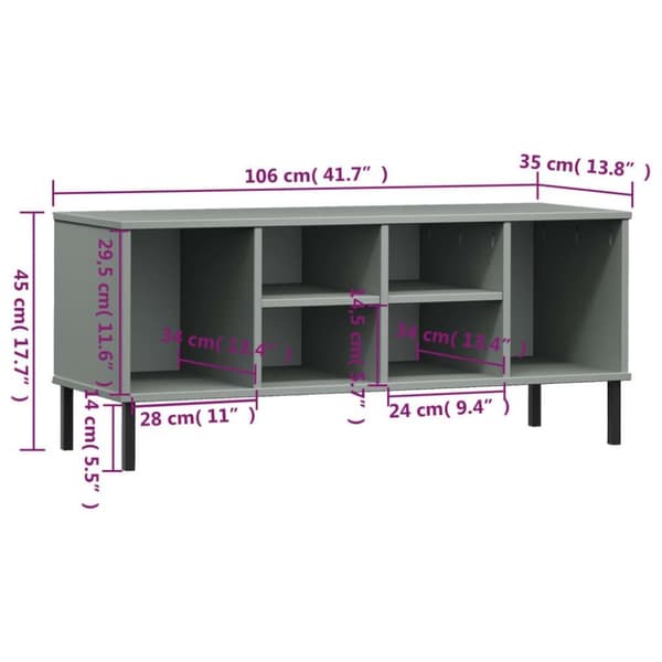vidaXL skoreol med metalben OSLO 106x35x45 cm massivt træ grå
