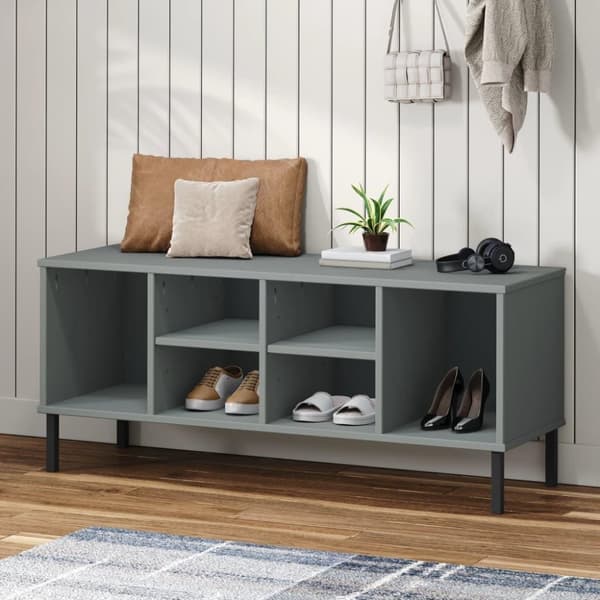 vidaXL skoreol med metalben OSLO 106x35x45 cm massivt træ grå