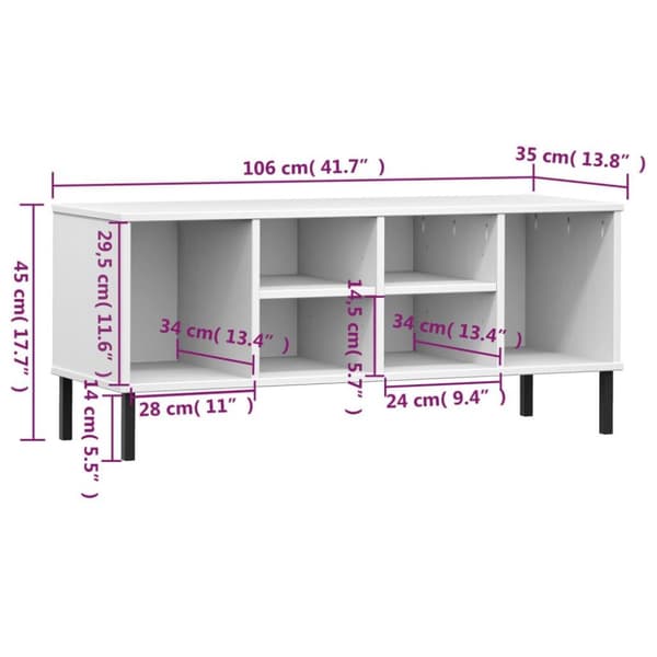 vidaXL skoreol med metalben OSLO 106x35x45 cm massivt træ hvid
