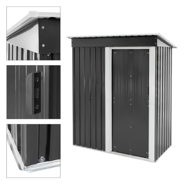 ML-Design Metallskjul M med pulpettak; skjutdörr och fundament; 2;1 m³; 150x184x76 cm; Mörkgrå; Stålskjul; Rymligt trädgårdshus utomhus; Liten