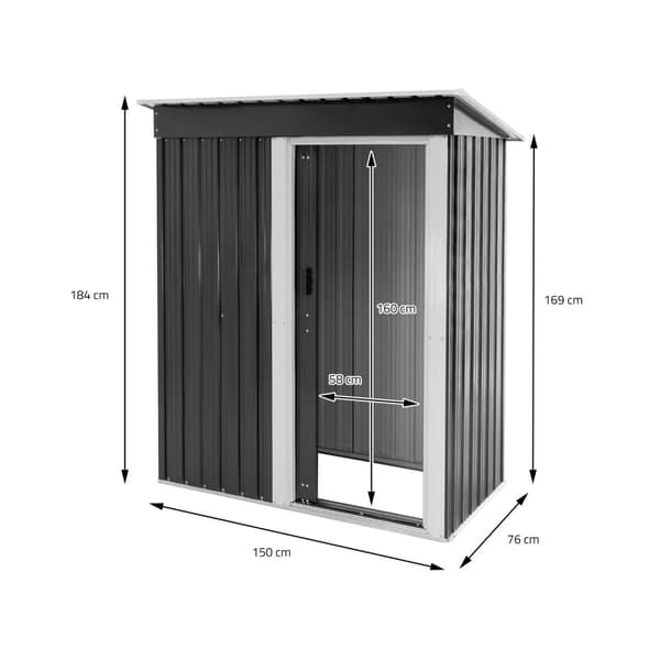 ML-Design Metallskjul M med pulpettak; skjutdörr och fundament; 2;1 m³; 150x184x76 cm; Mörkgrå; Stålskjul; Rymligt trädgårdshus utomhus; Liten