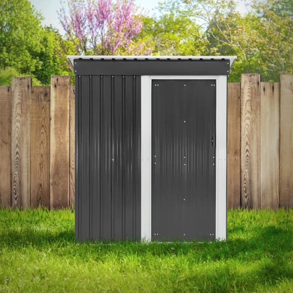 ML-Design Metallskjul M med pulpettak; skjutdörr och fundament; 2;1 m³; 150x184x76 cm; Mörkgrå; Stålskjul; Rymligt trädgårdshus utomhus; Liten