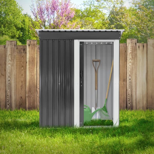 ML-Design Metallskjul M med pulpettak; skjutdörr och fundament; 2;1 m³; 150x184x76 cm; Mörkgrå; Stålskjul; Rymligt trädgårdshus utomhus; Liten