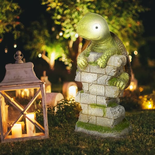 Skulptur av sköldpadda med LED-solljus, 17.5x18.5x36.5 cm, Grön+Brun