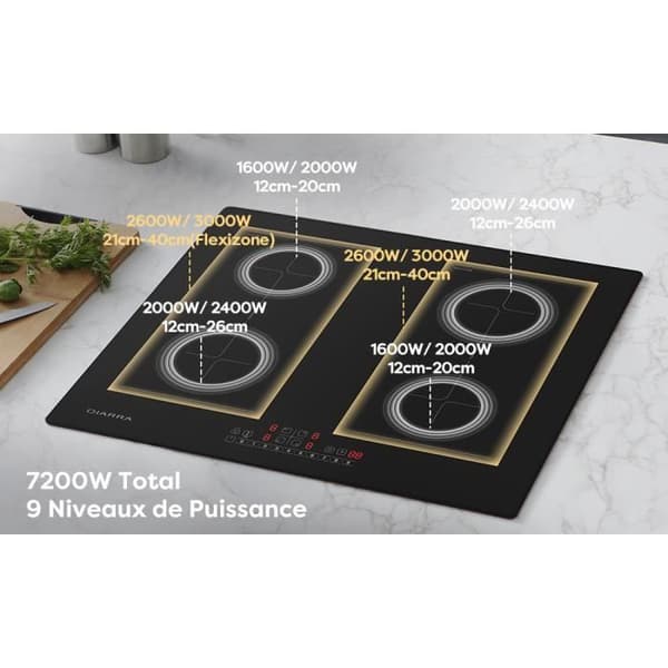 CIARRA Induktionshäll 4 zoner 2 modulförstärkare 7200W Barnsäkerhetstimer 59cm Sensitive Touch Svart glas