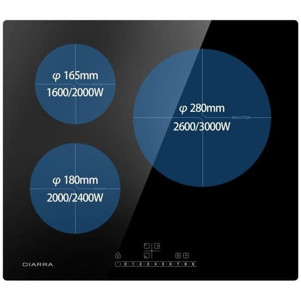 CIARRA Induktionshäll 3 brännare 6200W med boosters 59 cm Timer Barnsäkerhetshäll CD3BBIH