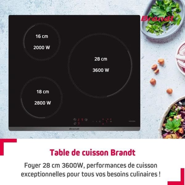 BRANDT induktionshäll - 3 zoner - 7200 B - L 58 x D 51 cm - Glasbeläggning - Svart - BPI6315B