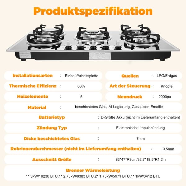 Kaasukeitin, jossa on 5 poltinta, elektroninen sytytys, korkea lämpötehokkuus, helppo puhdistaa