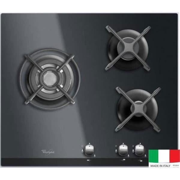 WHIRLPOOL AKT404NB Gaskomfur - 3 brændere - 6350W - L59 x D51cm - Hærdet glasbelægning - Sort Sort