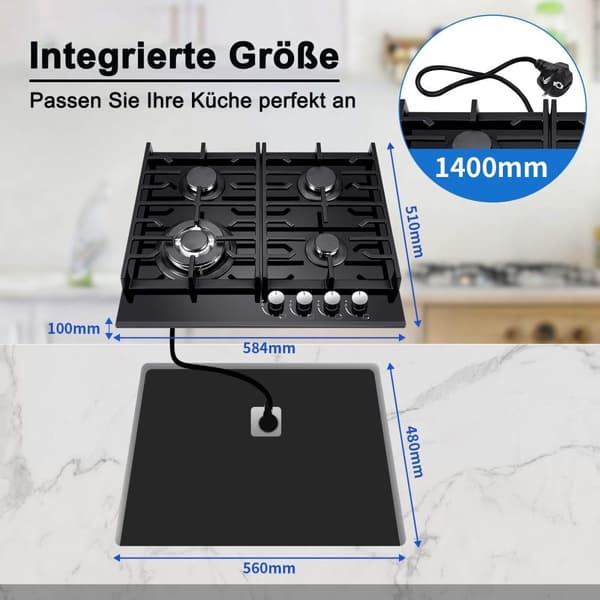 Glaskeramisk Indbygningsgasblus, 4 Brennere, Elektronisk Tænding, Kompakt Design