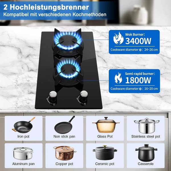 2-brännare Gaskokplatta, Dubbel bränslekapacitet, Lätt att rengöra keramisk glas, Europeisk design