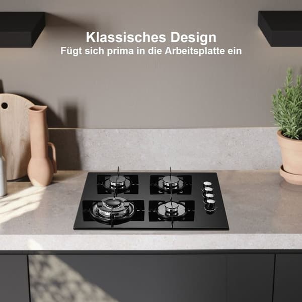 Gasblus, 4-brænder konfiguration, elektronisk tænding, stilfuldt glasdesign