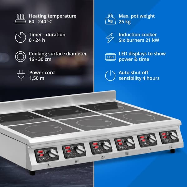 Induktionshäll - 6 x 28 cm - 60 till 240 °C - 400 V - Timer - Royal Catering