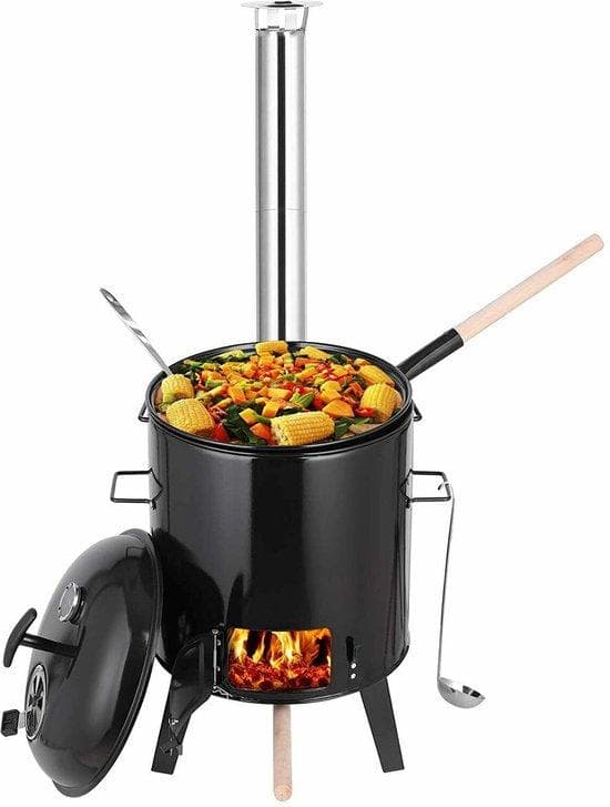 EMAMEL SOUP KOSTLE - 21L - SOUP KOSTLE SET MED WOK PAN, EMAMEL KASSBAN, GRILL FUNKTION UNGARISK GOULASH VATTLE - 36 X 36 X 126CM - SVART