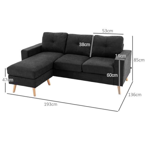 L-formad soffa, 193x136x85 cm, Svart