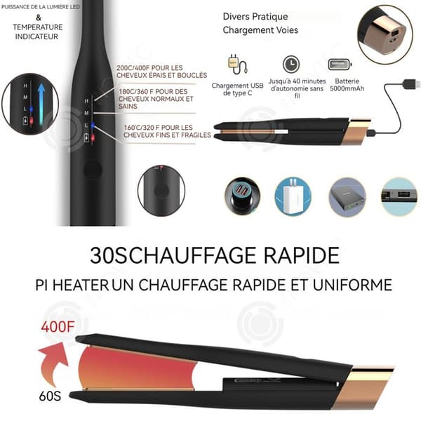 INN multifunktionell plattång för hår, USB-uppladdningsbar, bärbar plattång för rakt och lockigt hår 2 i 1, supersmidigt sladdlös plattång för hår
