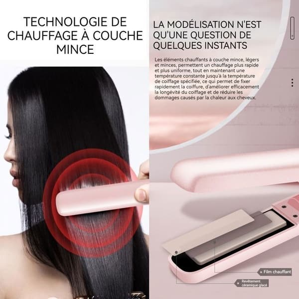 Trådligt plattång - INN® - 15 mm - 3000 mAh - Keramisk beläggning - Rosa