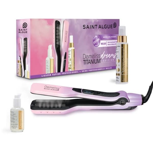 SAINT ALGUE 3964 - Demeliss TITANIUM Dreams Edition -setti - Höyrysuoristusrauta + Ravitseva hoitoaine Kera-Protein 100ml + Seerumihoitoaine 50ml