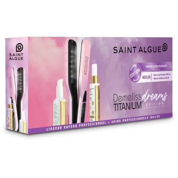 SAINT ALGUE 3964 - Demeliss TITANIUM Dreams Edition -setti - Höyrysuoristusrauta + Ravitseva hoitoaine Kera-Protein 100ml + Seerumihoitoaine 50ml