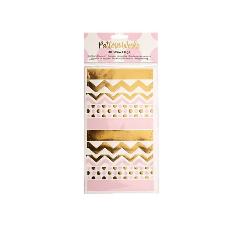 Klistermärken/Sugrörsflaggor rosa/guld/vit, 30-pack