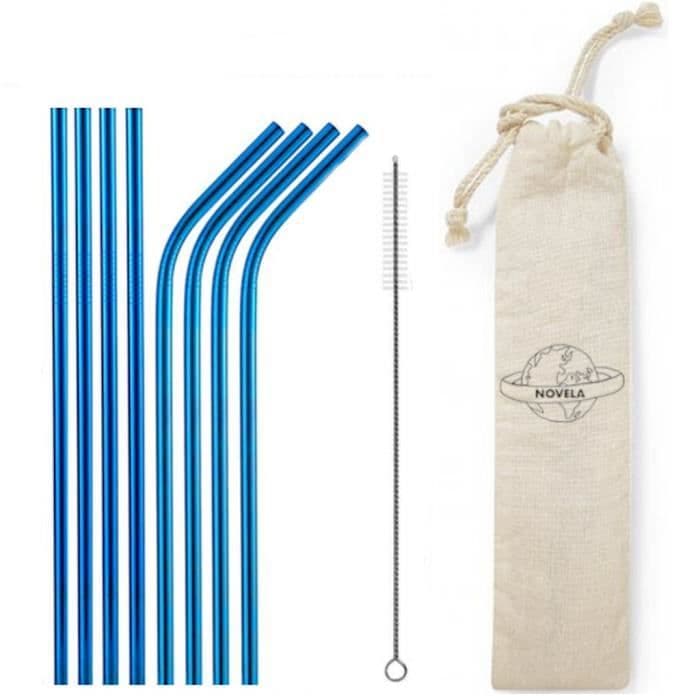 Raka och böjda blått sugrör i rostfritt stål om 8