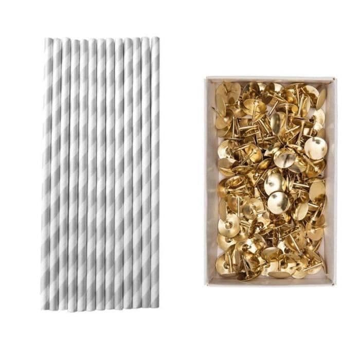 25 silverpappersstrån 20 cm + 150 gyllene nålar
