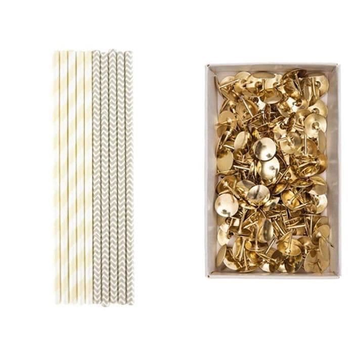 25 beige papperssugarrör + 150 gyllene nålar