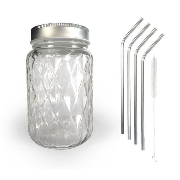 Mason burk med lock 37,5 cl diamant + 4 rostfria sugrör