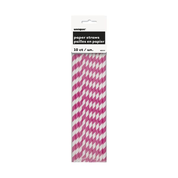 Unique Party Paper Striped Straw (Pack of 10) Hot Pink/White One Size