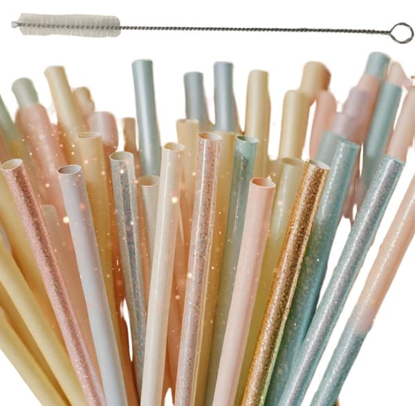 Pastel Colored and Glittery Reusable Straws with Brush - Set of 50 pieces