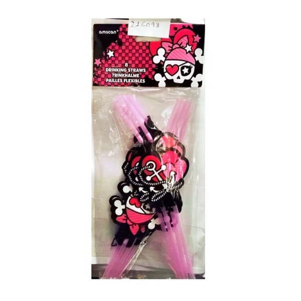 Amscan Skull And Crossbones Disposable Straws (Pack of 8) Pink/Black One Size