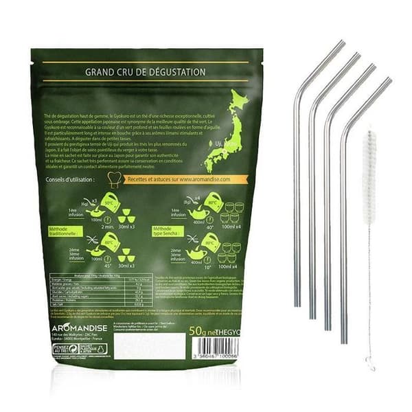 Grönt te Gyokuro 50 g + 4 sugrör i rostfritt stål